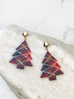 Red Plaid Printed Tree Dangle Earrings