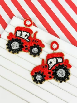 Red Tractor Seed Bead Drop Earrings