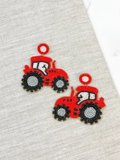 Red Tractor Seed Bead Drop Earrings