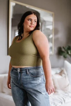 Relevant Ribbed Seamless Reversible Midi Tank in Moss