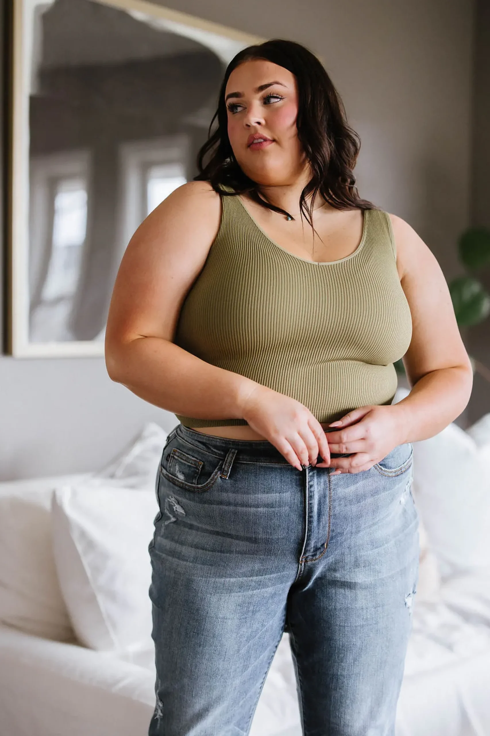 Relevant Ribbed Seamless Reversible Midi Tank in Moss