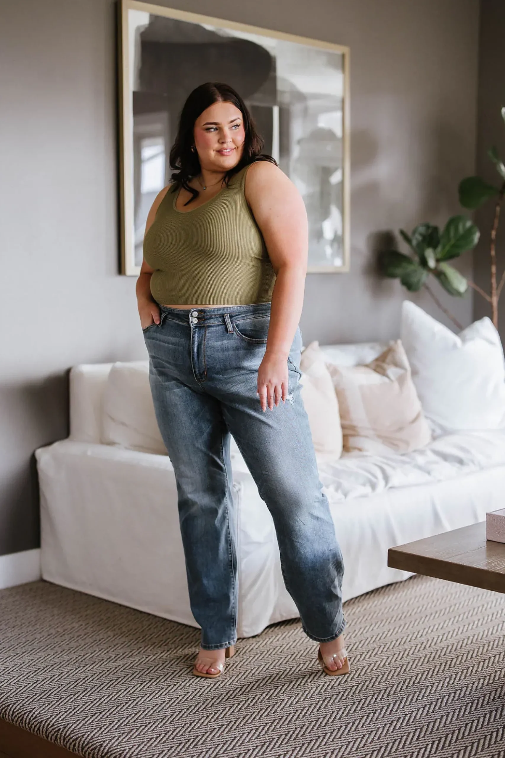 Relevant Ribbed Seamless Reversible Midi Tank in Moss