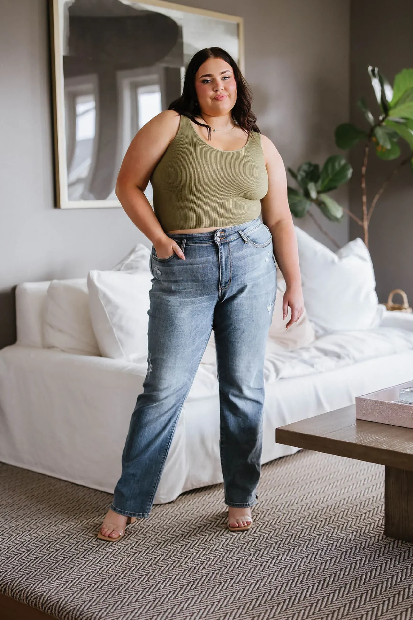 Relevant Ribbed Seamless Reversible Midi Tank in Moss