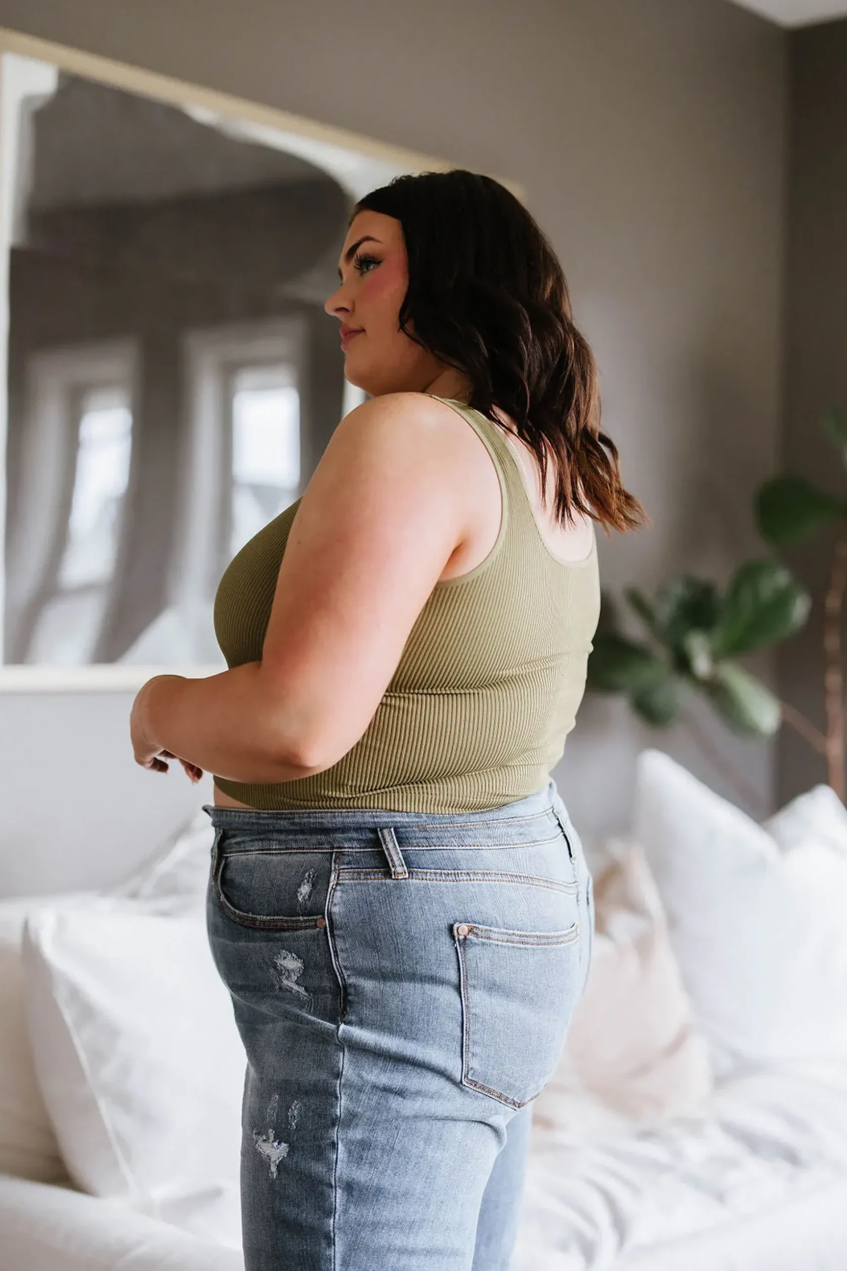 Relevant Ribbed Seamless Reversible Midi Tank in Moss