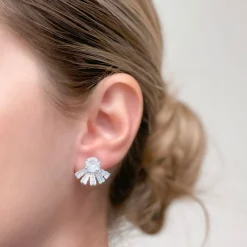 Rhinestone Half-Circle Ray Stud Earrings - Silver