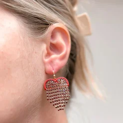 Rhinestone Heart Fringe Dangle Earrings - Red