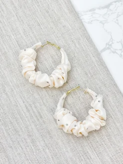 Rhinestone Scrunchie Hoop Earrings - Ivory