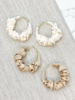 Rhinestone Scrunchie Hoop Earrings - Ivory