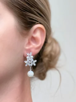 Rhinestone Star Post Pearl Drop Earrings - Silver