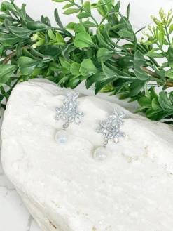 Rhinestone Star Post Pearl Drop Earrings - Silver