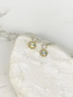 Round Crystal Drop Stud Earrings - White