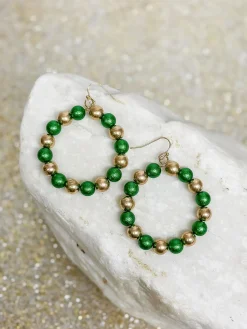 Round Holiday Beaded Dangle Earrings - Green