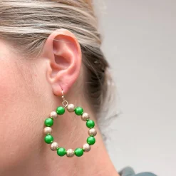Round Holiday Beaded Dangle Earrings - Green