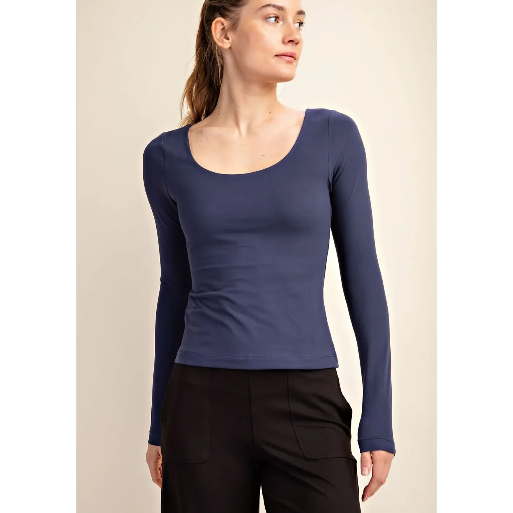 Round Neck Long Sleeve Tee by Rae Mode - Navy