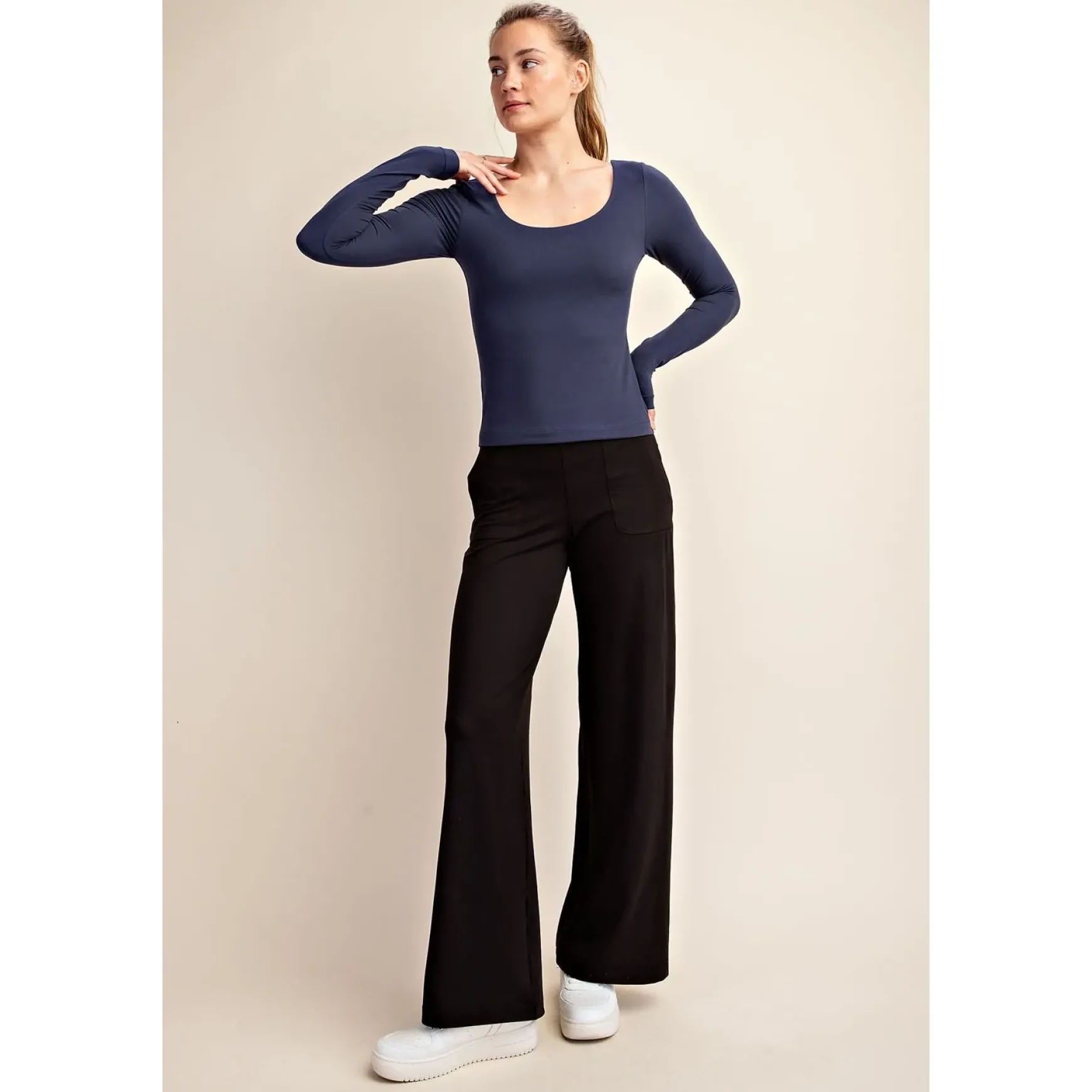 Round Neck Long Sleeve Tee by Rae Mode - Navy