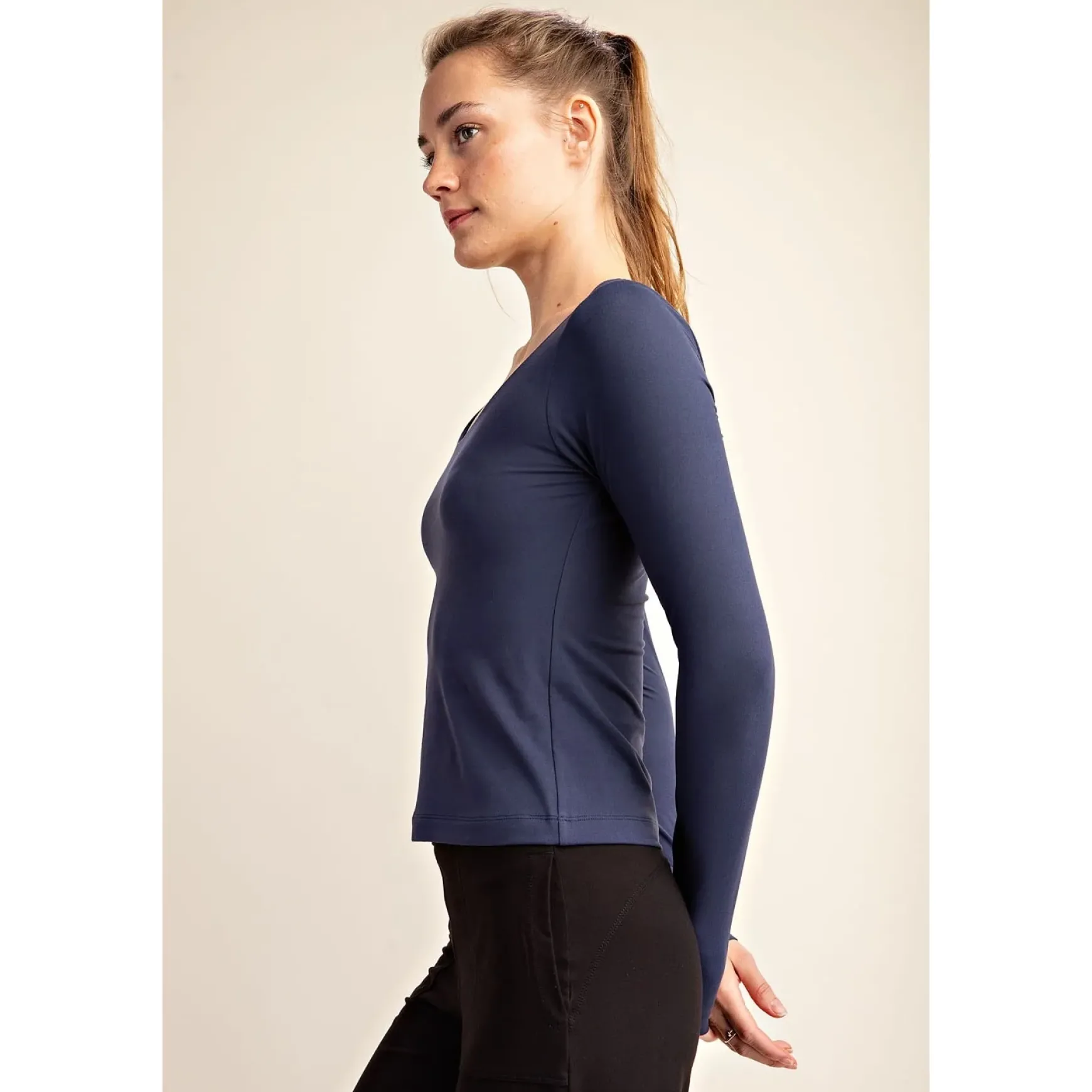 Round Neck Long Sleeve Tee by Rae Mode - Navy