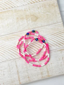 Rubber Disc Evil Eye Beaded Stretch Bracelet Stack - Hot Pink