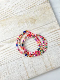 Rubber Disc Evil Eye Beaded Stretch Bracelet Stack - Multi