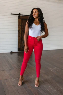 Ruby High Rise Control Top Garment Dyed Skinny Jeans in Red by Judy Blue