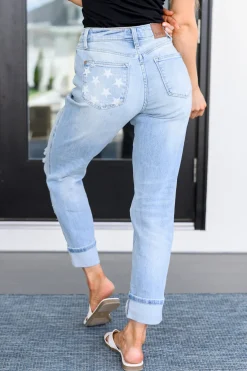 Sam Mid Rise Star Pocket Boyfriend Jeans by Judy Blue