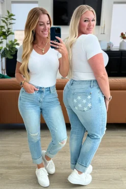 Sam Mid Rise Star Pocket Boyfriend Jeans by Judy Blue