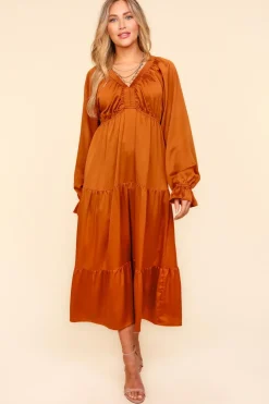 Satin Babydoll Maxi Dress - Rust