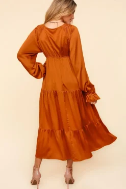 Satin Babydoll Maxi Dress - Rust