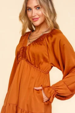 Satin Babydoll Maxi Dress - Rust