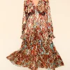 Satin Floral Long Sleeve Babydoll Maxi Dress - Mocha