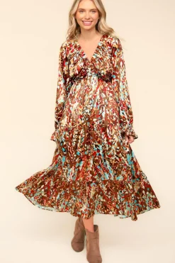 Satin Floral Long Sleeve Babydoll Maxi Dress - Mocha