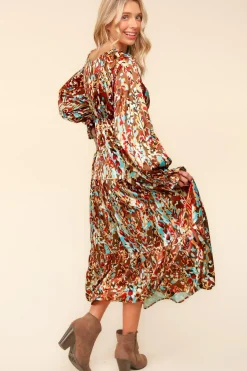 Satin Floral Long Sleeve Babydoll Maxi Dress - Mocha