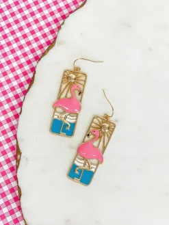 Seaside Metal & Enamel Portrait Dangle Earrings - Flamingo