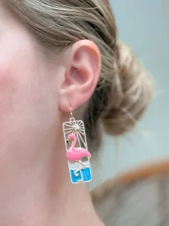 Seaside Metal & Enamel Portrait Dangle Earrings - Flamingo