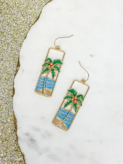 Seaside Metal & Enamel Portrait Dangle Earrings - Palm Tree