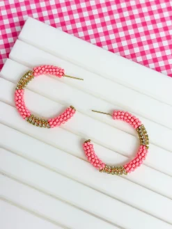 Seed Bead & Rhinestone Hoop Earrings - Pink