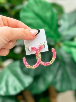 Seed Bead & Rhinestone Hoop Earrings - Pink