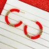 Seed Bead & Rhinestone Hoop Earrings - Red