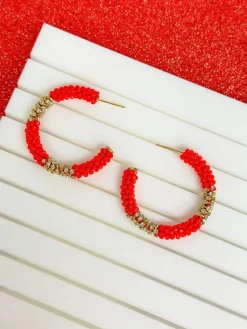 Seed Bead & Rhinestone Hoop Earrings - Red