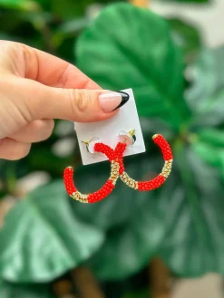 Seed Bead & Rhinestone Hoop Earrings - Red