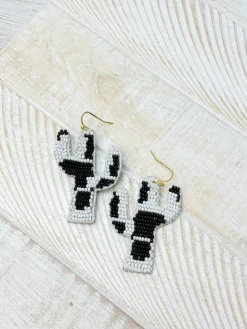 Seed Bead Cow Print Cactus Dangle Earrings