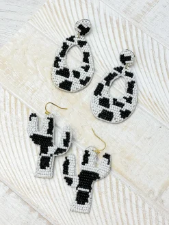Seed Bead Cow Print Cactus Dangle Earrings