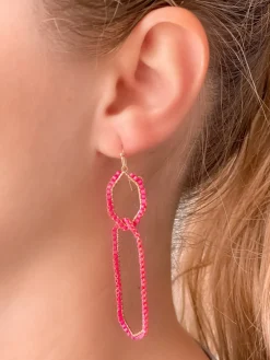 Seed Bead Link Drop Earrings - Hot Pink