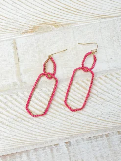 Seed Bead Link Drop Earrings - Hot Pink