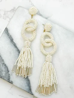 Seed Bead Linked Tassel Earrings - White