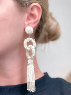 Seed Bead Linked Tassel Earrings - White