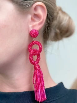 Seed Bead Linked Tassel Earrings - Hot Pink