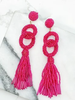 Seed Bead Linked Tassel Earrings - Hot Pink