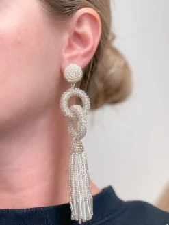 Seed Bead Linked Tassel Earrings - Silver