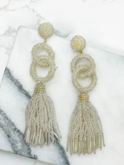 Seed Bead Linked Tassel Earrings - Silver