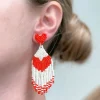 Seed Bead Tassel Heart Earrings - Red